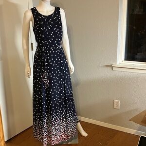 R&K Maxi Polkadot Sleeveless Chiffon Dress Lined Pleated Top Contrast Bottom